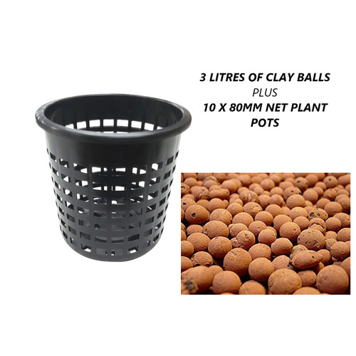 Clay Pebbles Balls Growing Medium 3L + 10 x 80mm Net Basket Plant Pots Leca